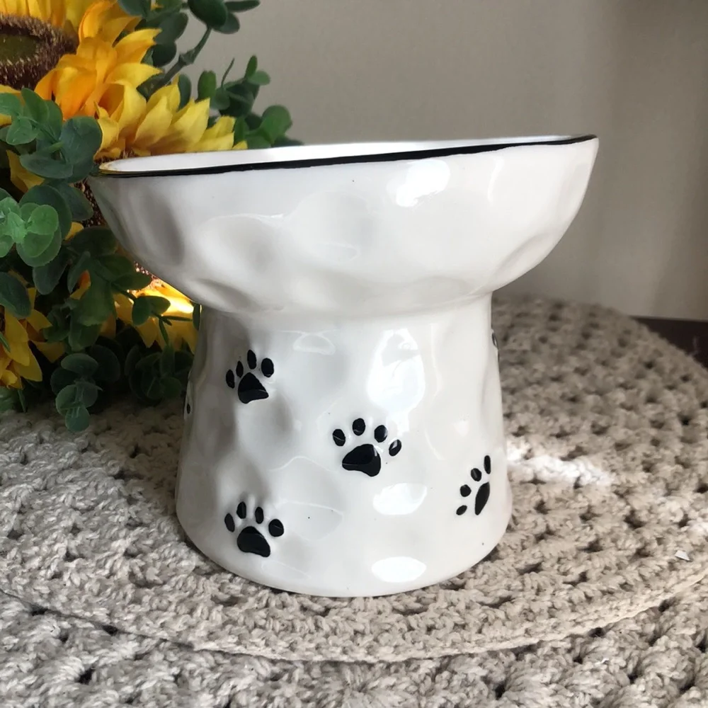 Ceramic Raised Pet Bowl with Black Paw Prints - White